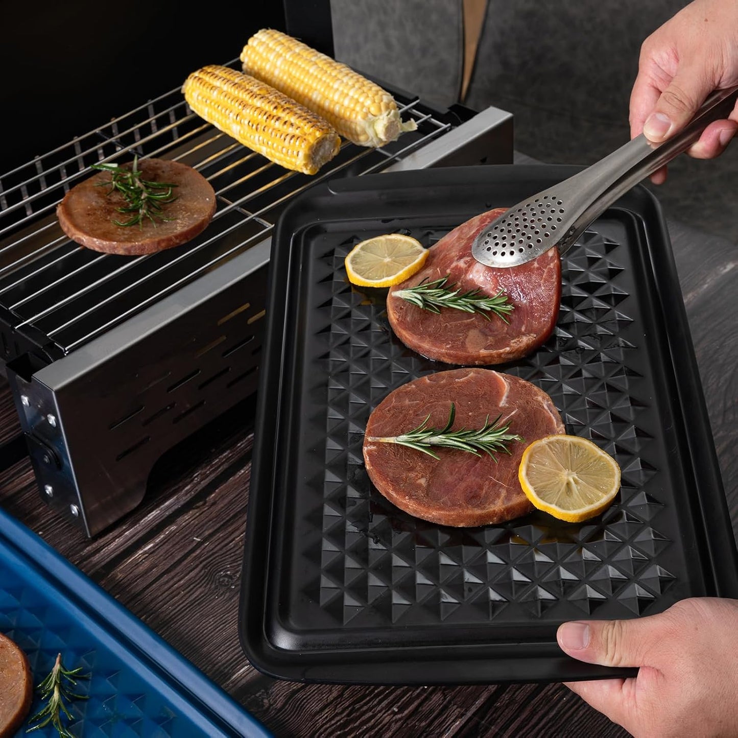 BBQ Tray for Raw Meat Prep and Cooked Food, Grill Prep and Serve Trays, Melamine Serving Trays and Platters for Food, Unbreakable Party Tray, Set of 2, Black and Red