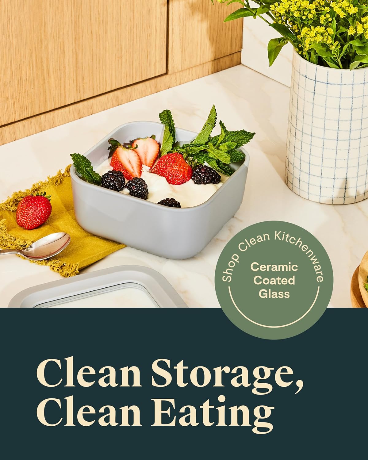Caraway Glass Food Storage - 4.4 Cup Glass Container - Ceramic Coated - Easy to Store, Non Toxic, Non Stick Lunch Box Container with Lids - Dishwasher, Oven, & Microwave Safe - Mist