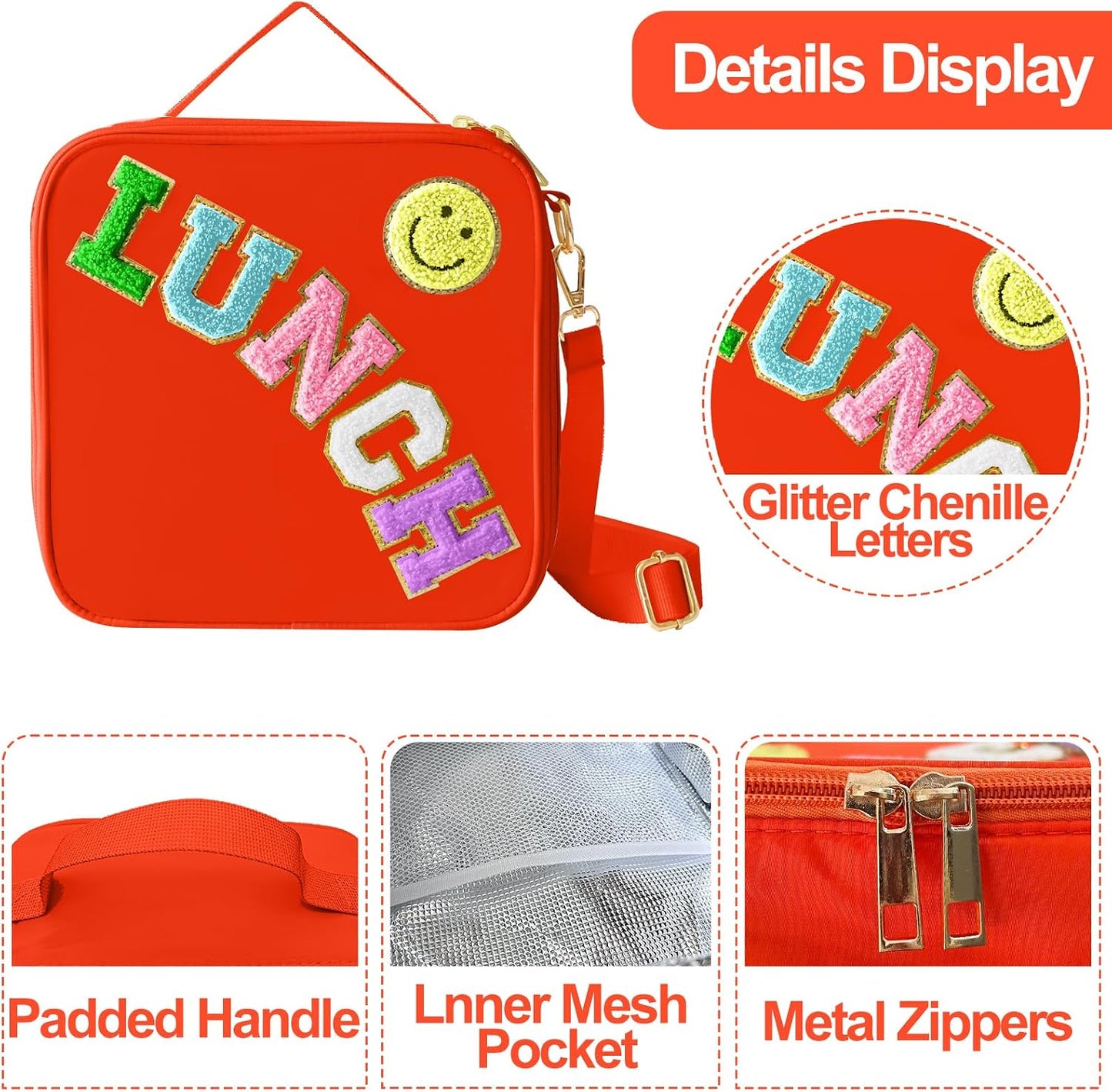 Insulated Lunch Bag With Adjustable Shoulder Strap, Nylon Preppy Lunch Box Large Insulated Lunch Bag Reusable Lunch Tote Bag with Smiley Preppy LunchBag for Girls School Travel Picnic (Green)