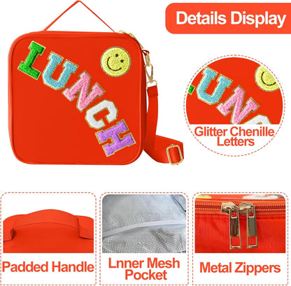 Insulated Lunch Bag With Adjustable Shoulder Strap, Nylon Preppy Lunch Box Large Insulated Lunch Bag Reusable Lunch Tote Bag with Smiley Preppy LunchBag for Girls School Travel Picnic (Green)