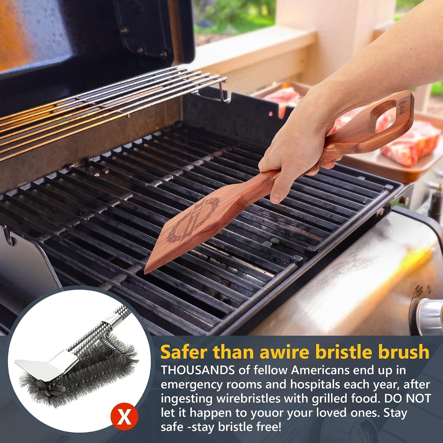 Premium Cedar Grill Scraper - Wooden BBQ Grill Cleaner, Metal Bristle-Free, Ergonomic Handle, Natural Cedar Aroma, Fits Traeger Grills - Safe & Durable Barbecue Accessory
