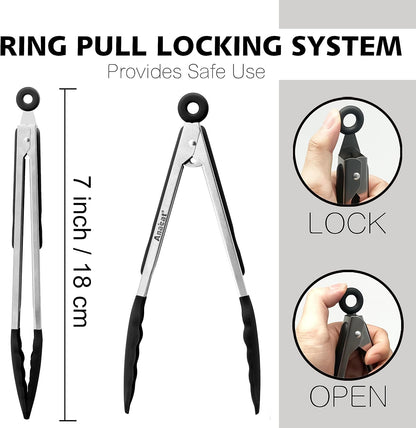 Anaeat Premium Kitchen Locking Tong Set of 3 - Heavy Duty Stainless Steel Food Tongs with Long Handle & Non-Slip Silicone Grip for Cooking, Baking, Grilling - Heat Resistant up to 480°F
