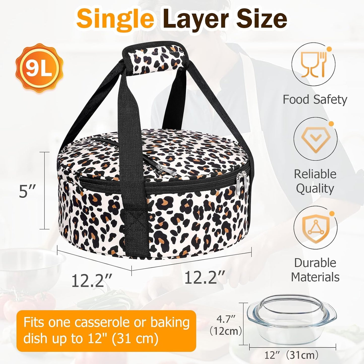 Round Insulated Casserole Carrier – 12" Portable Pie Carrier Bag for Hot or Cold Food, Leakproof Thermal Lunch Tote with Handle for Parties Picnic & Travel - Grey