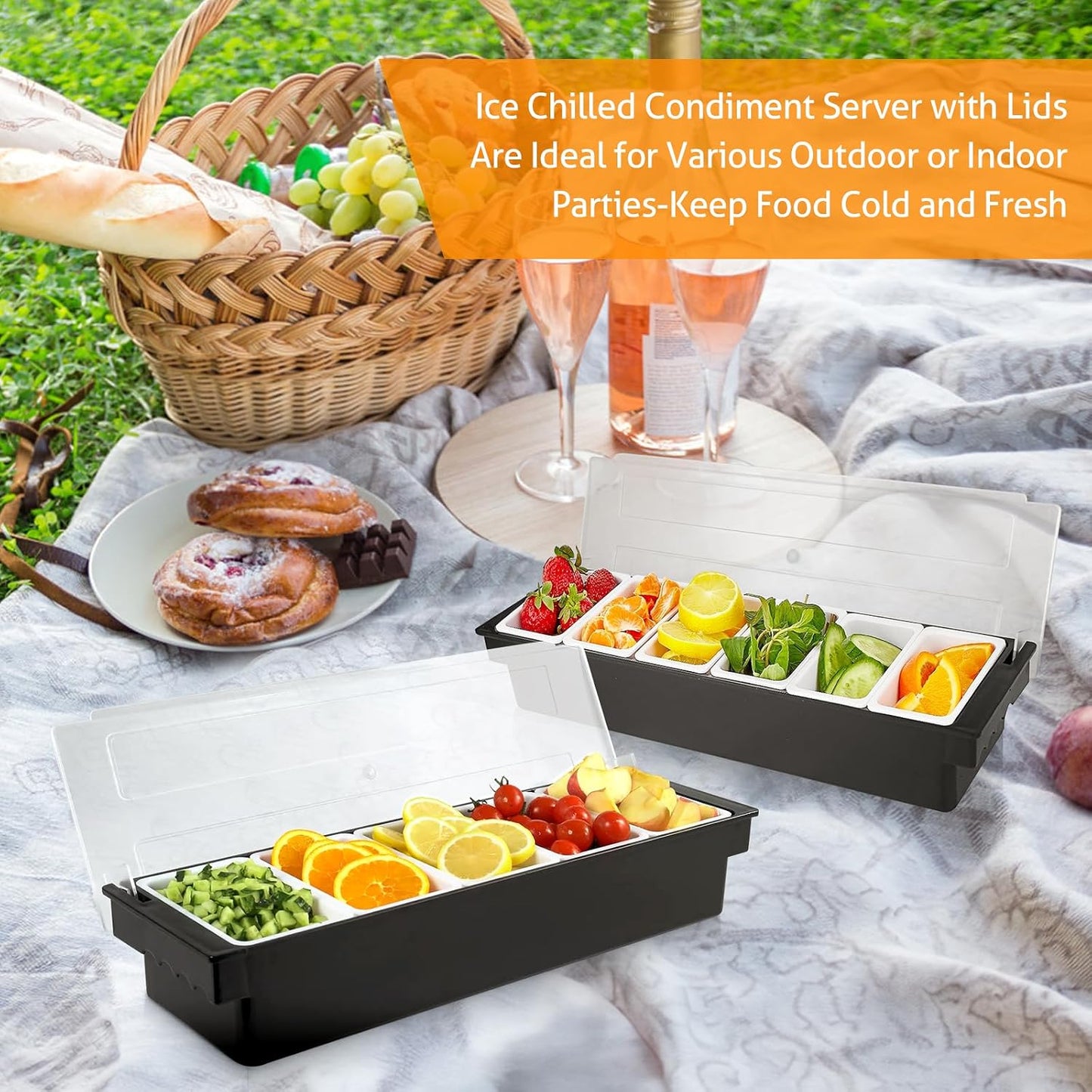 WICHEMI Fruit, Veggie & Condiment Caddy with Lid Dispenser Tray Plastic Garnish Station for Bartending & Serving Taco, Ice Cream, Salad Bar - Topping Organizer for Restaurant Supplies (3 Compartment)