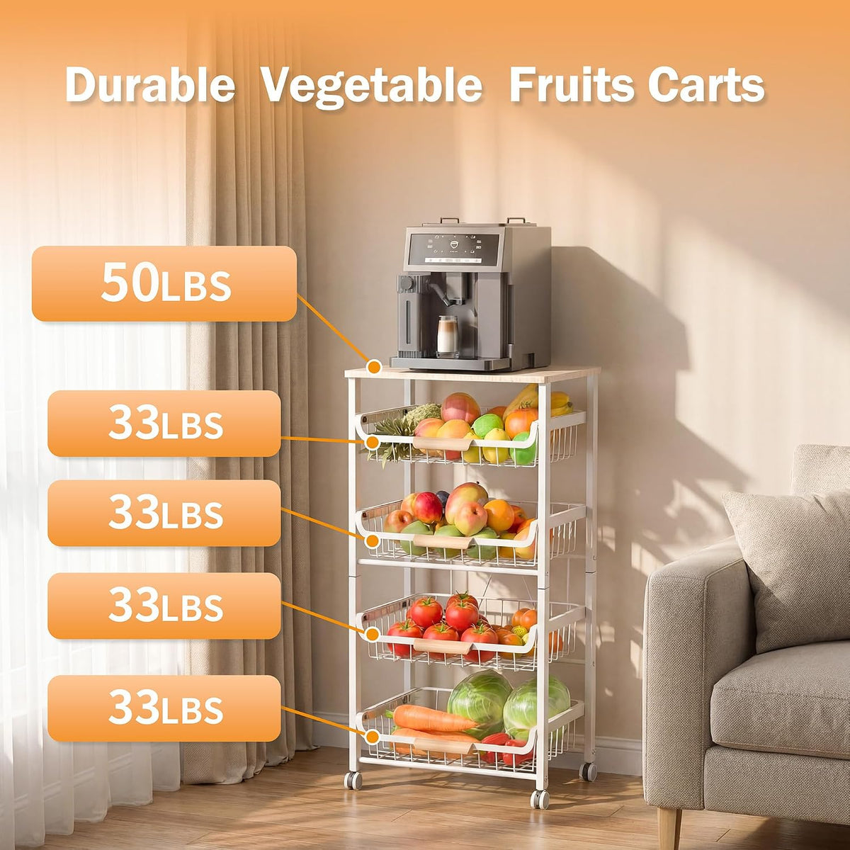 JAQ Slide Out Fruit Vegetable Basket for Kitchen, 4-Tier Rolling Storage Cart with Wooden Handle & Top, Metal Wire Produce Rack for Pantry Organization, Onion Potato Storage Bins for Small Space,White