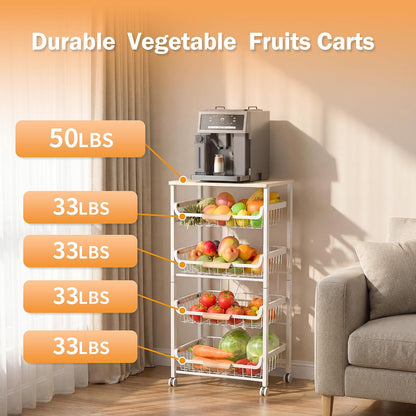 JAQ Slide Out Fruit Vegetable Basket for Kitchen, 4-Tier Rolling Storage Cart with Wooden Handle & Top, Metal Wire Produce Rack for Pantry Organization, Onion Potato Storage Bins for Small Space,White