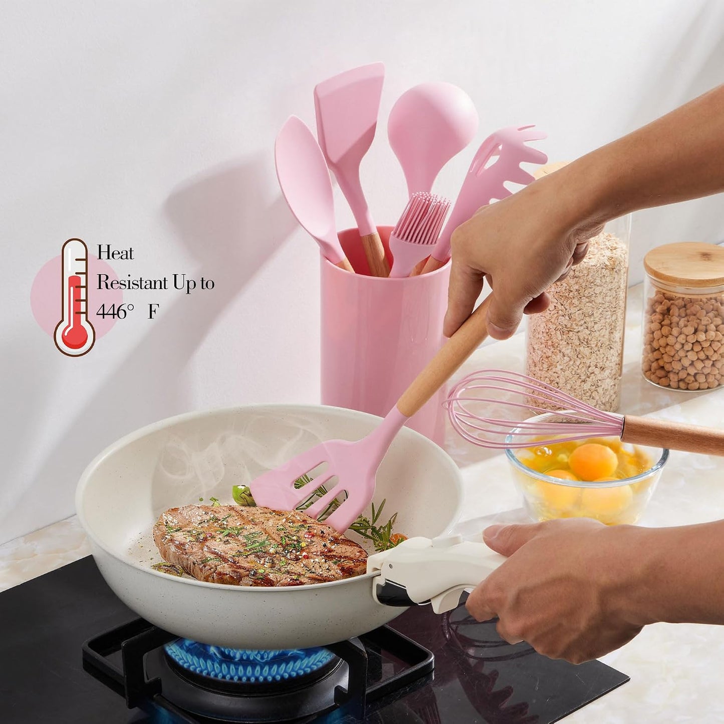 LIANYU 15 PCS Silicone Kitchen Utensils Set with Holder, Cooking Utensils set for Nonstick Cookware, Heat Resistant & Non Toxic Spatula Ladle Tong, White