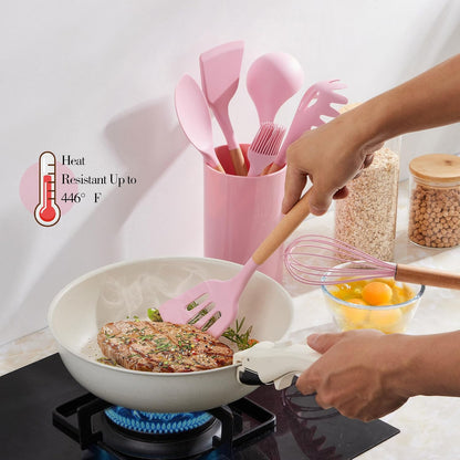 LIANYU 15 PCS Silicone Kitchen Utensils Set with Holder, Cooking Utensils set for Nonstick Cookware, Heat Resistant & Non Toxic Spatula Ladle Tong, White