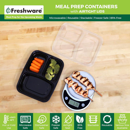 Freshware Meal Prep Containers [15 Pack] 2 Compartment with Lids, Food Storage Containers, Bento Box, BPA Free, Stackable, Microwave/Dishwasher/Freezer Safe (28 oz), Black
