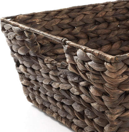 Casafield Set of 2 Water Hyacinth Pantry Baskets with Handles, Chalkboard Labels, and Marker - Natural, Wide Woven Storage Bin Organizers for Kitchen Shelves