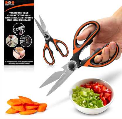 SpartaSake Premium Stainless Steel All Purpose Kitchen Shears with Sleeve - Heavy Duty Ultra Sharp kitchen Scissors for Food - Multipurpose Food Scissors for Meat Poultry Vegetable (Black-White)