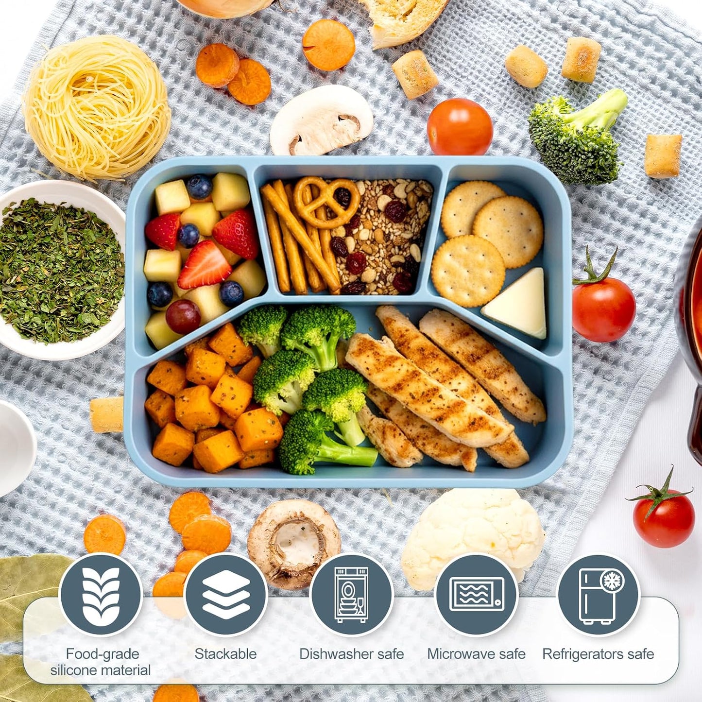 Honeydak 6 Pcs Silicone Bento Box Reusable Lunch Container 4 Compartment Snack Boxes with Lid Smooth LeakProof Rectangle Food Boxes for Adult Work Travel Food Storage (Cute Color)