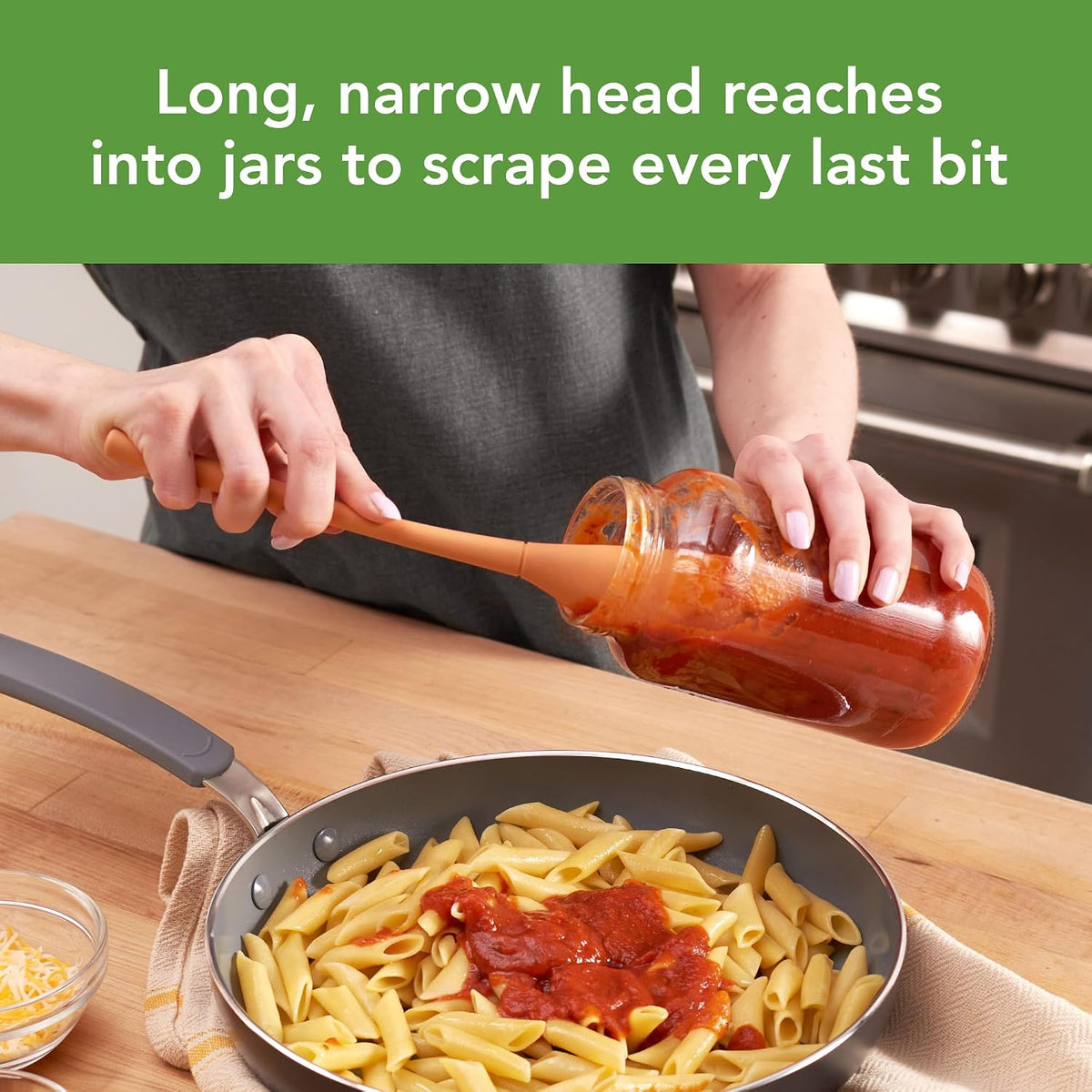 Tovolo Silicone Jar Spatula Long Handled Rubber Scraping Scooping Tool for Peanut Butter Jam Jelly Jars Blenders, Extra Long Flex Core Silicone Jar Scraper Dishwasher Safe BPA Free, Apricot Orange