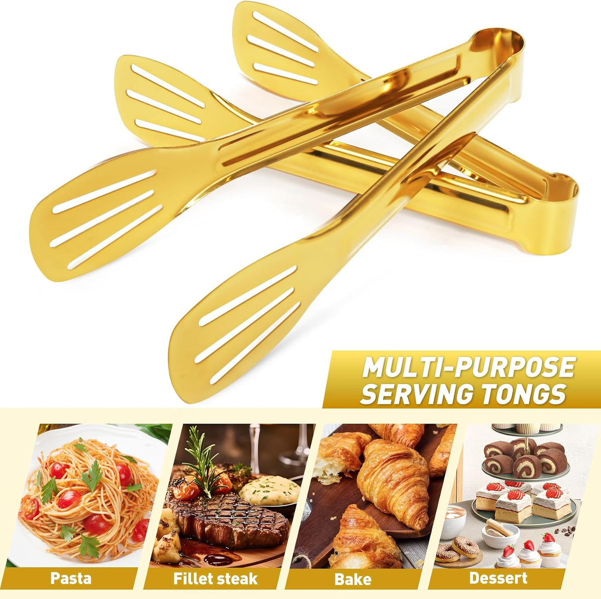 JCREN 12 Pcs Serving Tongs, Small Serving Utensils for Parties Catering Gold Tongs, Small Stainless Steel Mini Appetizer Tongs for Tea Party Coffee Bar, 4 Inches - Gold