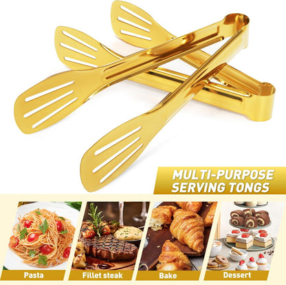 JCREN 12 Pcs Serving Tongs, Small Serving Utensils for Parties Catering Gold Tongs, Small Stainless Steel Mini Appetizer Tongs for Tea Party Coffee Bar, 4 Inches - Gold
