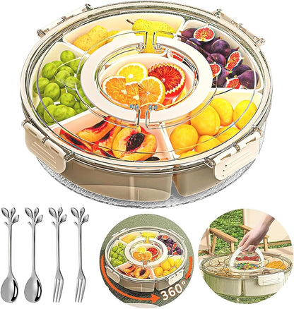 Divided Serving Tray with Lid and Handle, Fruit Platter for Snack Candy Charcuterie Organizer Portable Spinning Veggie Tray for Kitchen Party Travel and Picnic Stackable Snackle Box Container