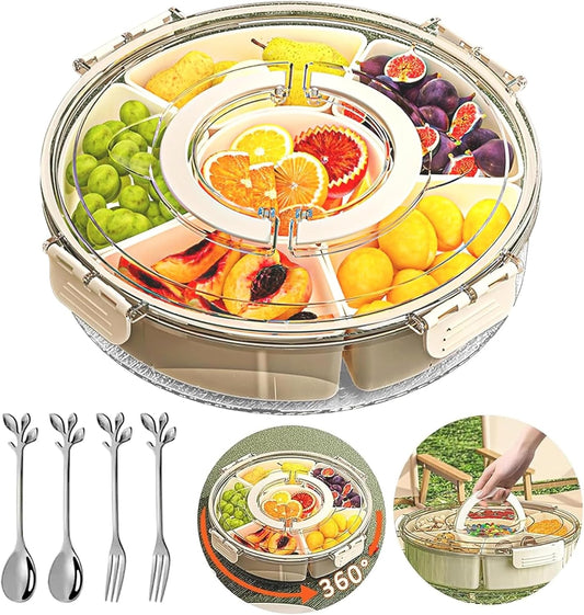 Divided Serving Tray with Lid and Handle, Fruit Platter for Snack Candy Charcuterie Organizer Portable Spinning Veggie Tray for Kitchen Party Travel and Picnic Stackable Snackle Box Container