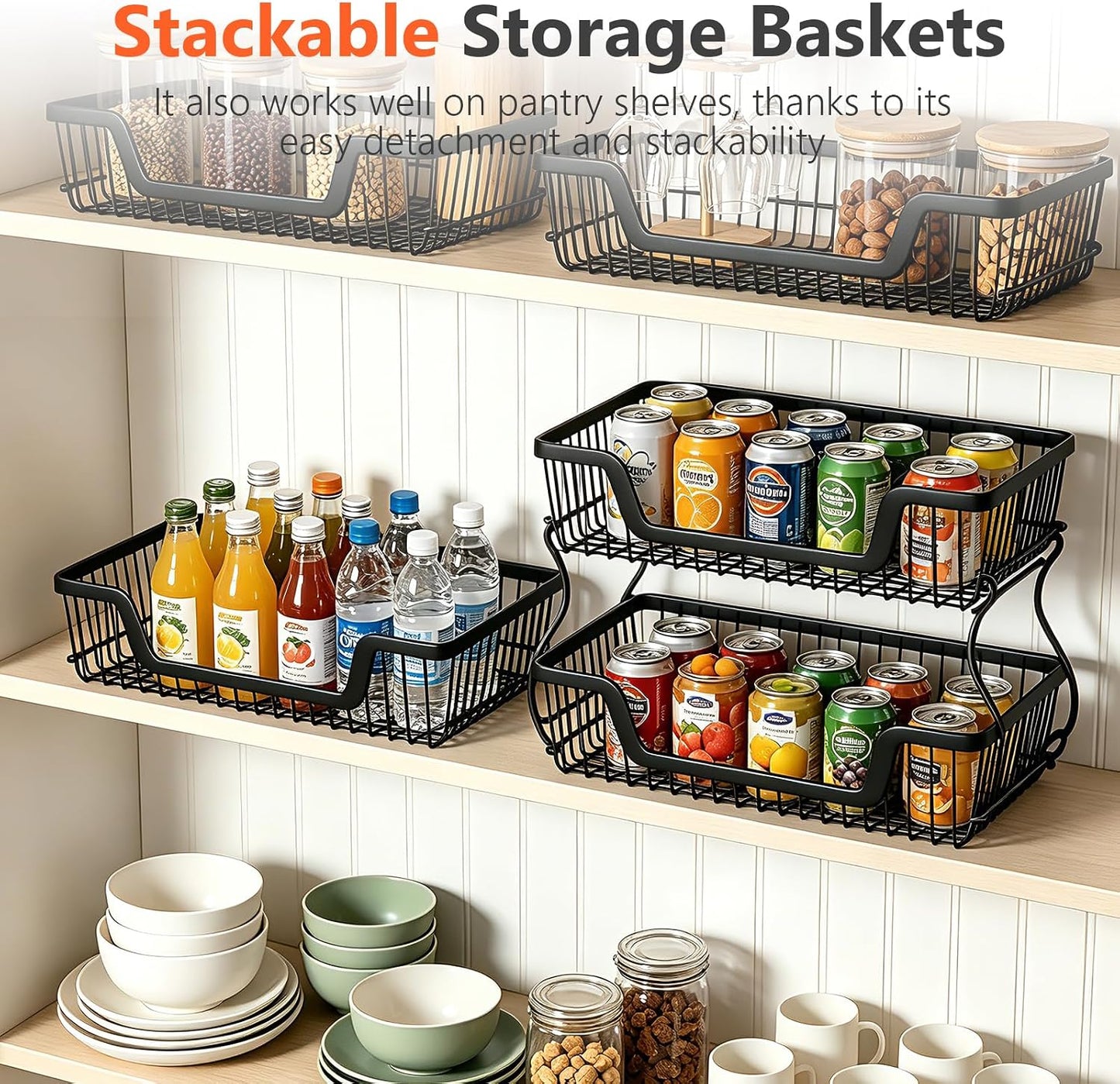 2 Pack 3-Tier Rolling Kitchen Storage Cart Fruit Basket Stand for Vegetables & Snacks Stackable Wire Pantry Floor Organizer with Wheels for Kitchen, Living Room, Bedroom, Office (Black)