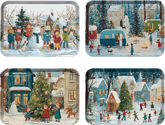 4 Pack Christmas Serving Trays, 15 x 11 Inch Melamine Holiday Platters with Winter Village, Ice Skating, and Camping Designs, Reusable Festive Trays for Snacks, Cookies, and Entertaining