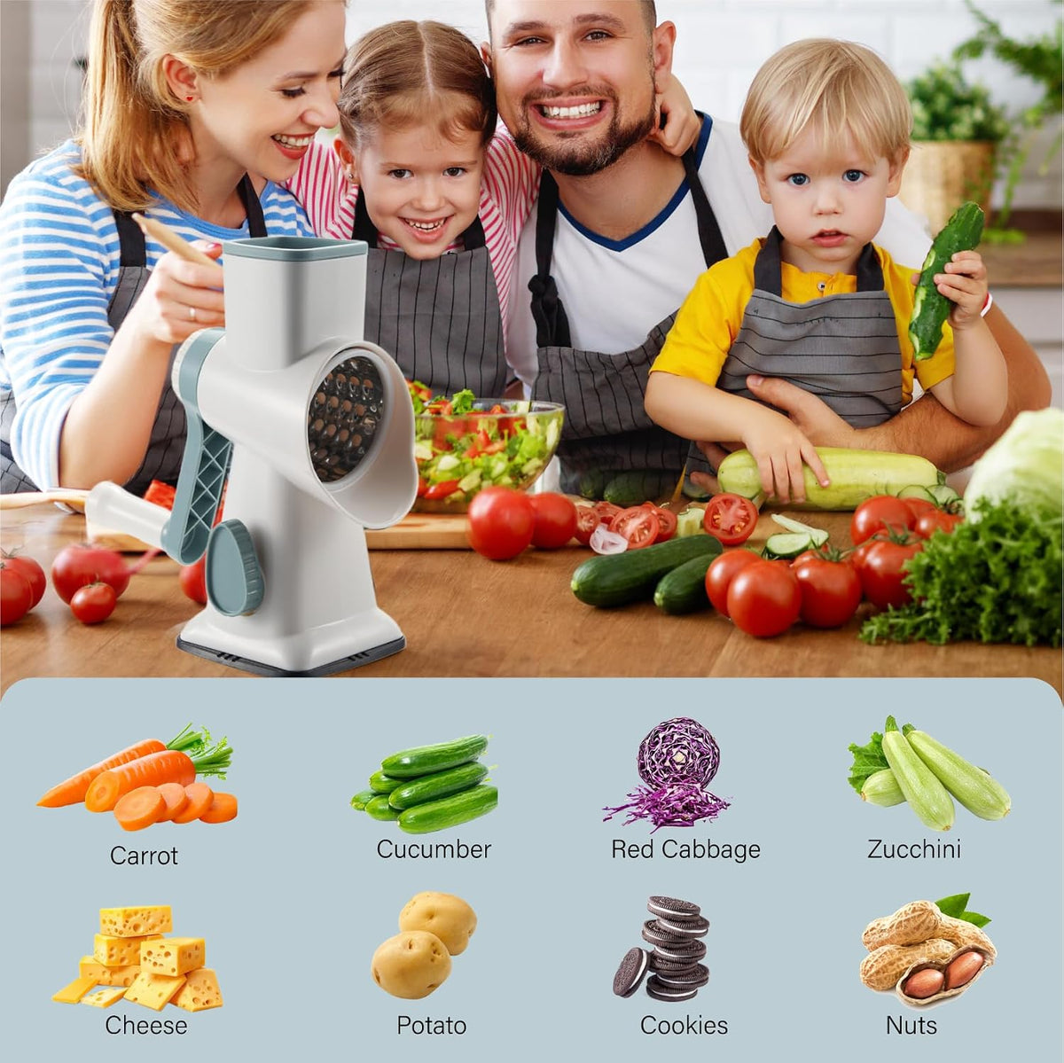 Rotary Cheese Grater hand crank 3 blades with Stronger Suction Base | Stainless Steel Blades for Fruits, Vegetables, Nuts. Dishwasher Safe & Easy to Clean, Transparent Black & Blue