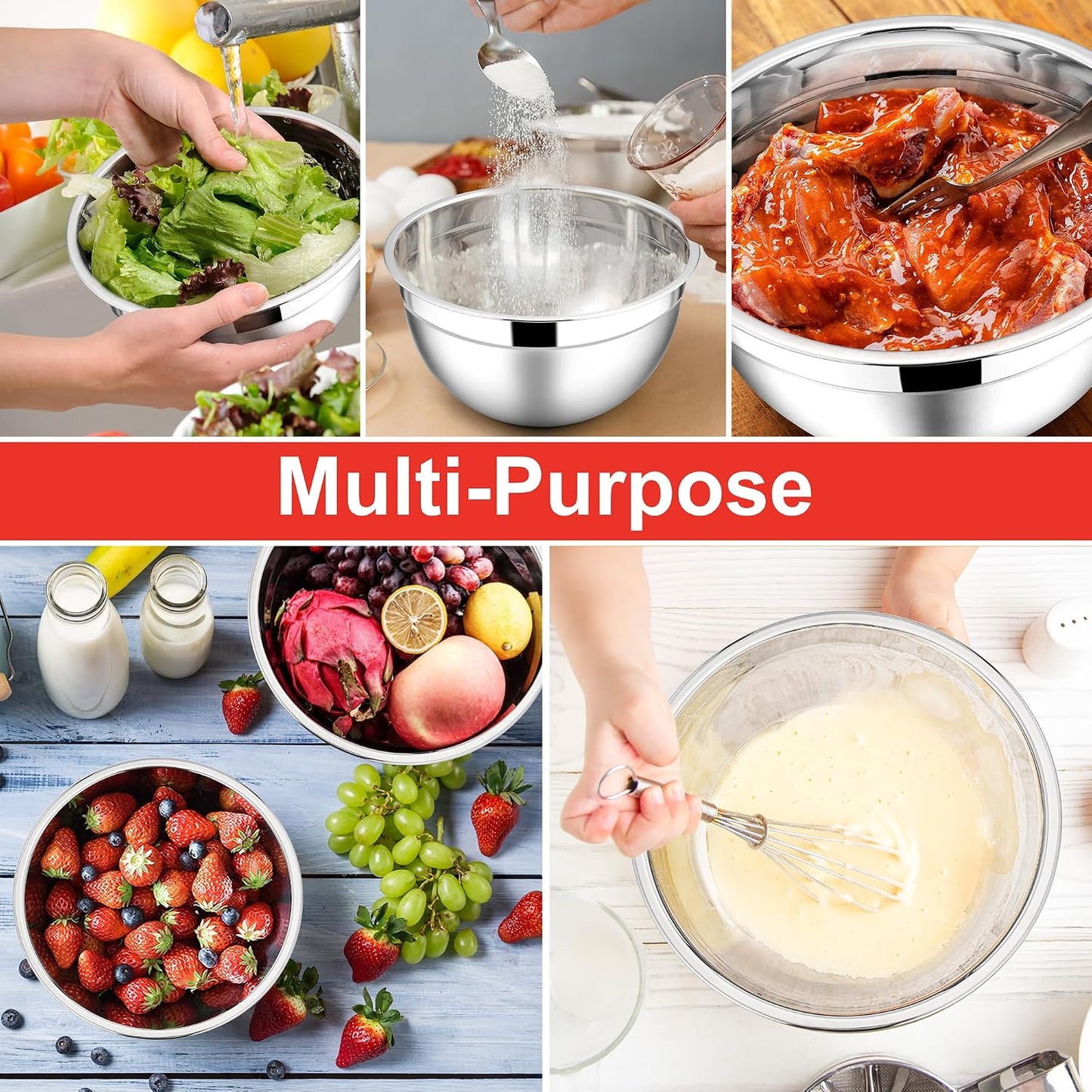 E-far Mixing Bowls With Lids Sets of 5, 10-Piece Stainless Steel Salad Metal Nesting Bowl for Baking Cooking and Prepping, Airtight Lid & Stackable Design, Size 4.6, 3, 2.1, 1.5, 0.7 QT, Black