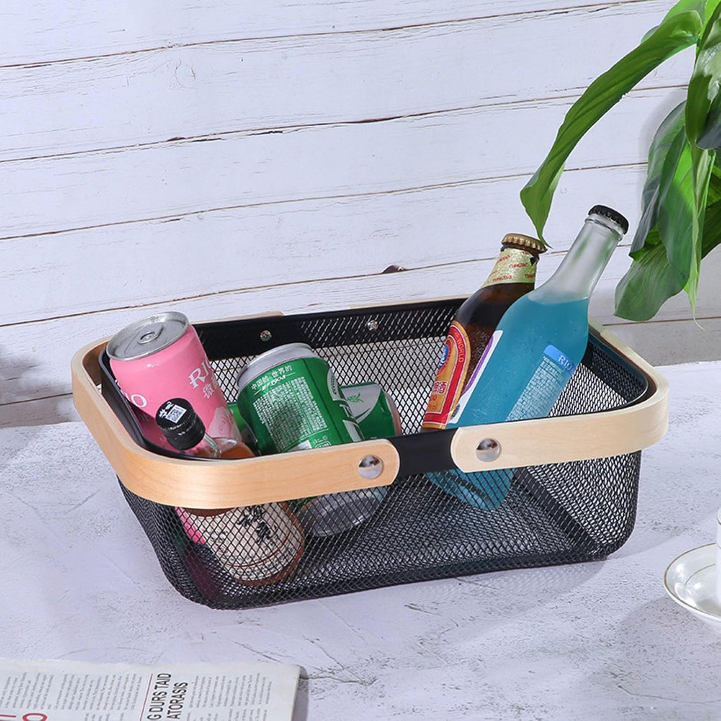 AJIODA Metal Mesh Steel Basket, Storage Organizer Basket Garden Harvest Basket Multi-functional Kitchen Fruit Baskets Bin with Wooden Handle for Bathroom Picnic Shopping Decor Cabinet Home, Pink