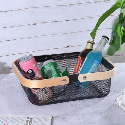 AJIODA Metal Mesh Steel Basket, Storage Organizer Basket Garden Harvest Basket Multi-functional Kitchen Fruit Baskets Bin with Wooden Handle for Bathroom Picnic Shopping Decor Cabinet Home, Pink