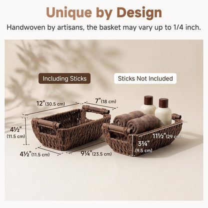 StorageWorks Hand-Woven Storage Baskets with Wooden Handles, Water Hyacinth Wicker Baskets for Organizing, 2 Pack