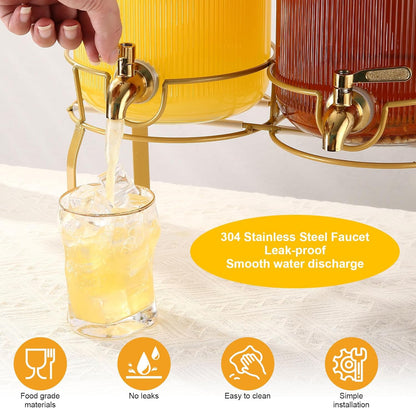 1 Gallon Glass Drink Dispenser with Stand, 2pack Drink Dispensers For Parties, Beverage Dispenser With Bamboo Lid and Stainless Steel Spigot Leakproof, Use On Sun Tea, Juice, Lemonade Dispenser
