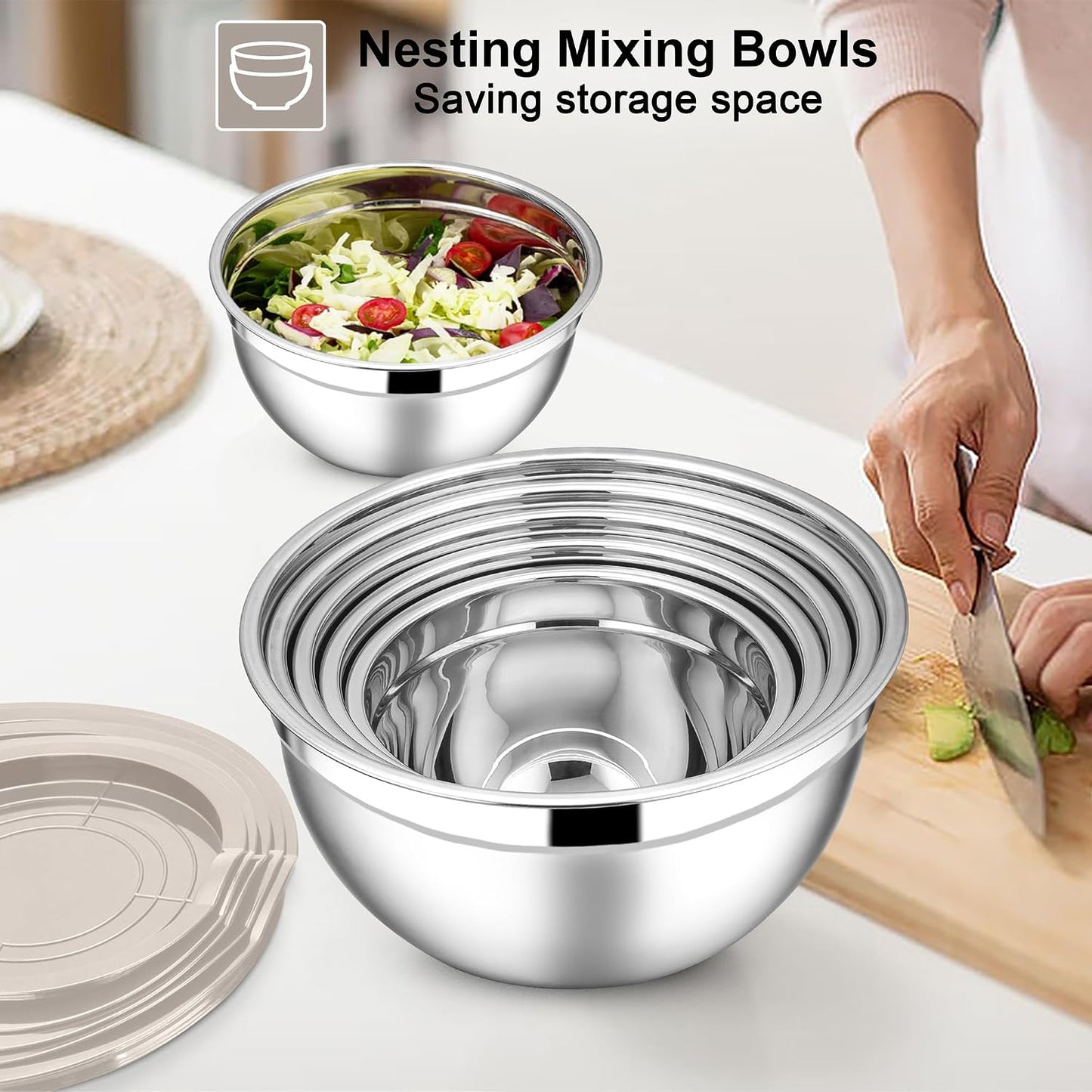 E-far Stainless Steel Mixing Bowls with Lids Set, 5-Piece Nesting Salad Bowls with 3 Grater Attachments and Non-Slip Bottoms, Size 4.6, 2.6, 2, 1.5, 1QT for Kitchen (Khaki)