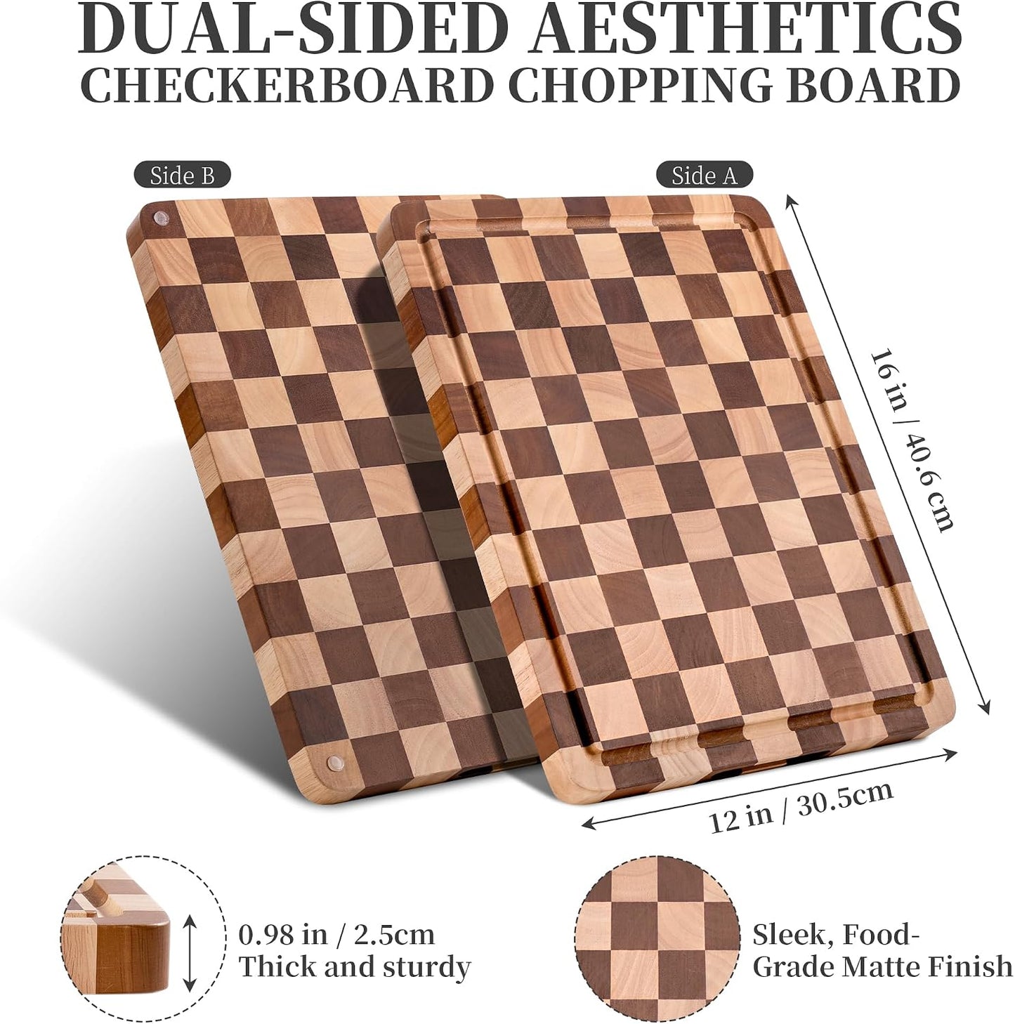 WILLKOMMEN Checkered Cutting Board Set, 3-Piece Wood Checkerboard End Grain Chopping Boards with Holder & Juice Groove Wooden Kitchen Cutting Board for Cooking and Serving (S, M, L)