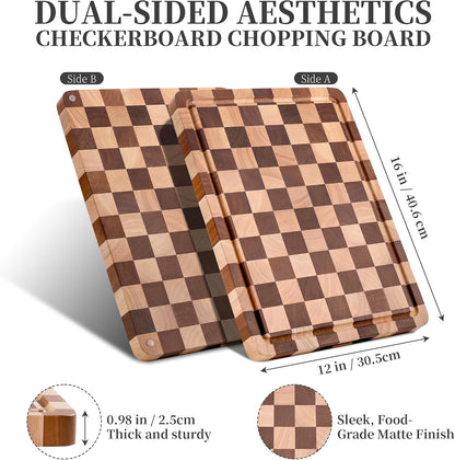 WILLKOMMEN Checkered Cutting Board Set, 3-Piece Wood Checkerboard End Grain Chopping Boards with Holder & Juice Groove Wooden Kitchen Cutting Board for Cooking and Serving (S, M, L)