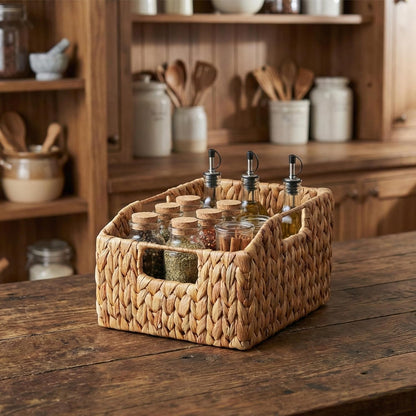 Set of 2 Wicker Pantry Basket – Handwoven Water Hyacinth Wicker Storage Baskets with Handles – Decorative Woven Baskets for Kitchen, Shelves & Organizing