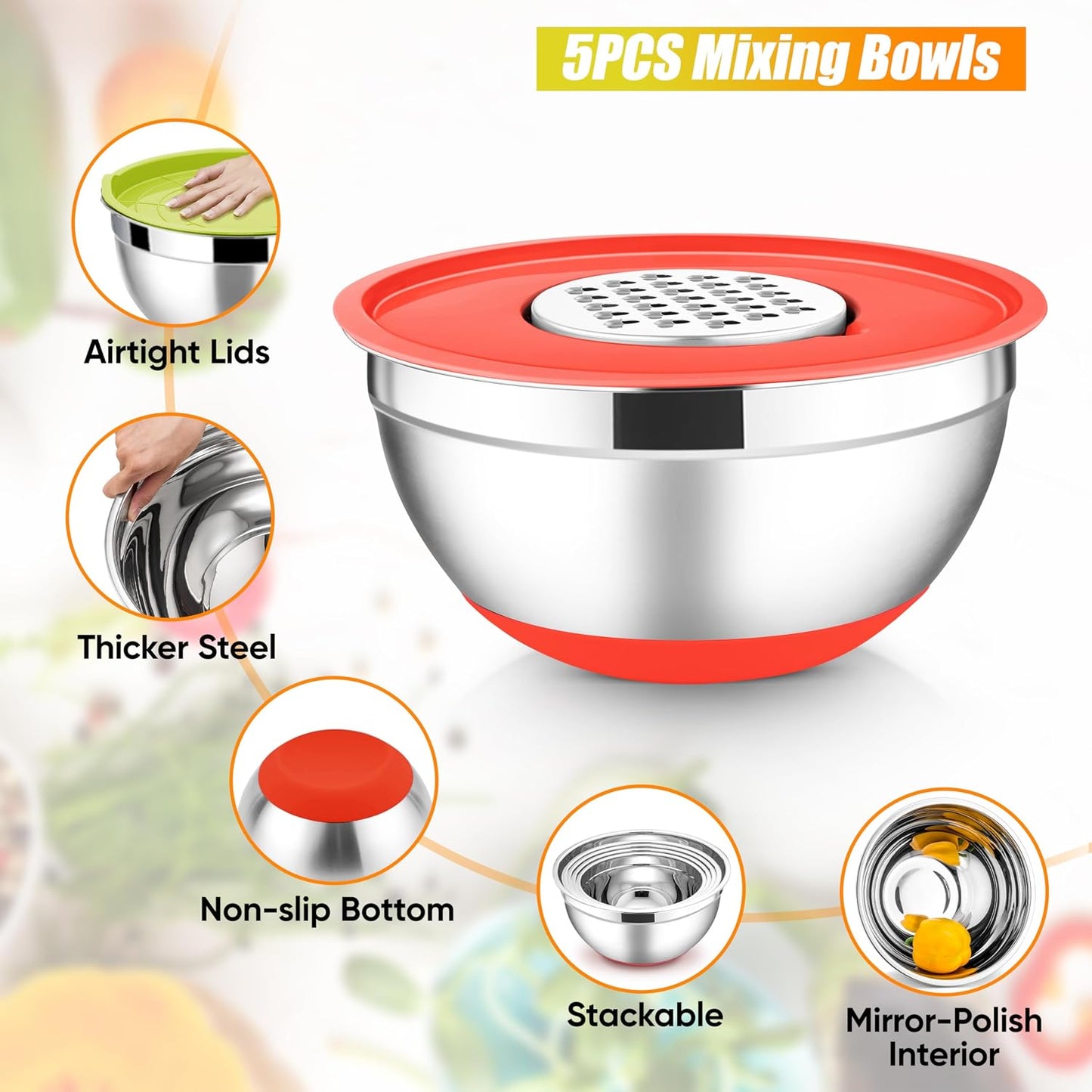 E-far Stainless Steel Mixing Bowls with Lids Set, 5-Piece Nesting Salad Bowls with 3 Grater Attachments and Non-Slip Bottoms, Size 4.6, 2.6, 2, 1.5, 1QT for Kitchen (Khaki)