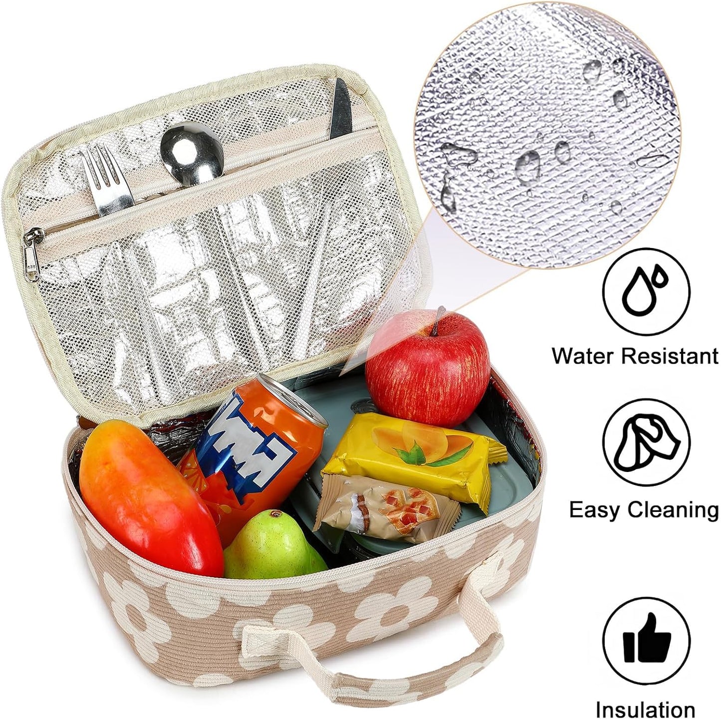 Bluboon Insulated Lunch Bag for Girls & Boys, Corduroy School Lunch Box with Cooler & Organizer Compartments, Leak-Proof Lunch Tote for School, Travel (Corduroy Strawberries Beige)