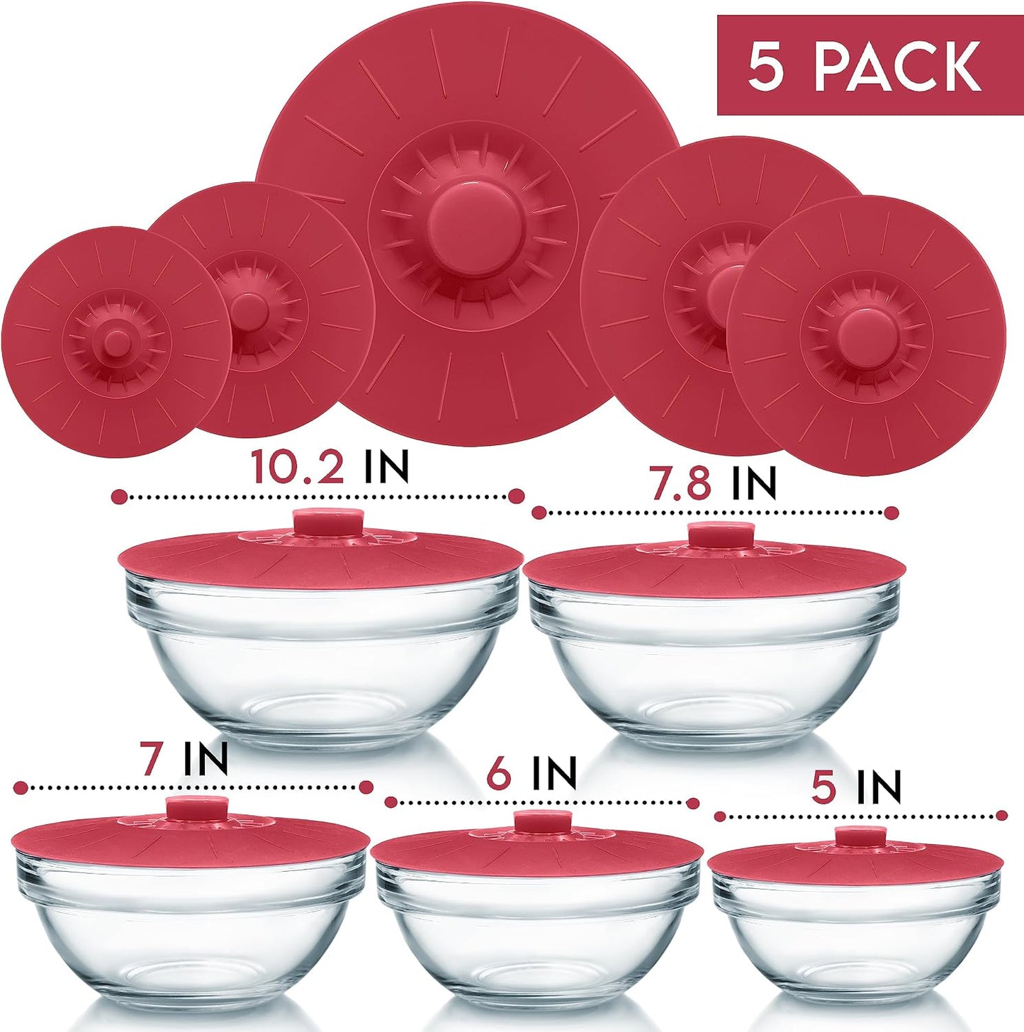 Silicone Bowl Lids Blue Set of 5 Reusable Suction Seal Covers for Bowls, Pots, Cups. Food Safe. Natural grip, interlocking handles for easy use and storage.