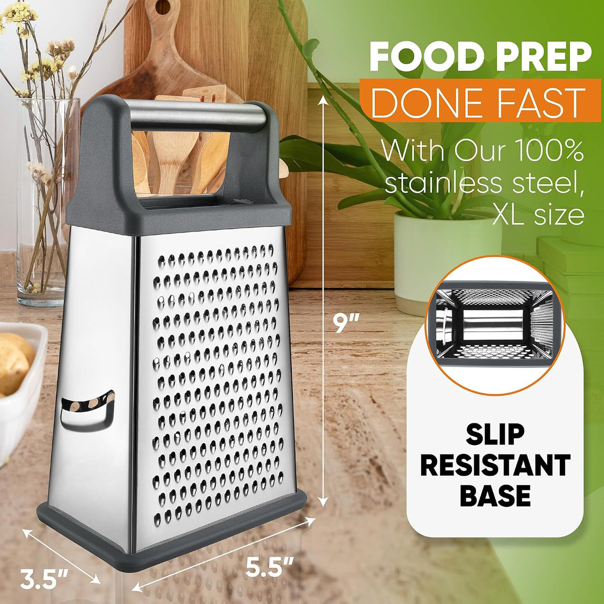 Spring Chef Stainless Steel XL Cheese Grater for Kitchen, Green