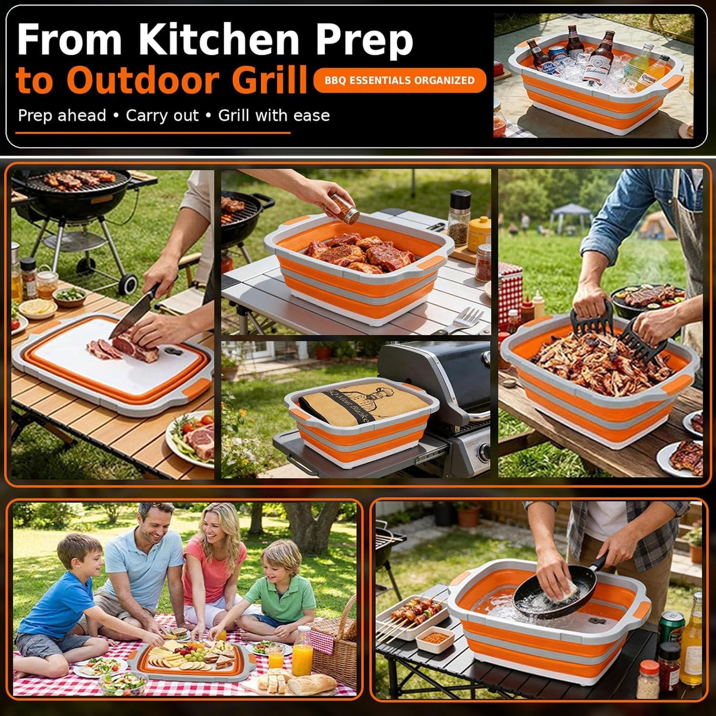 8L Collapsible BBQ Prep Tub with Locking Lid & Cutting Board - Marinade Container Grill Carry System for RV Picnic Tailgate - Portable Wash Basin for Kitchen Camping Sink - Gift for Men Women