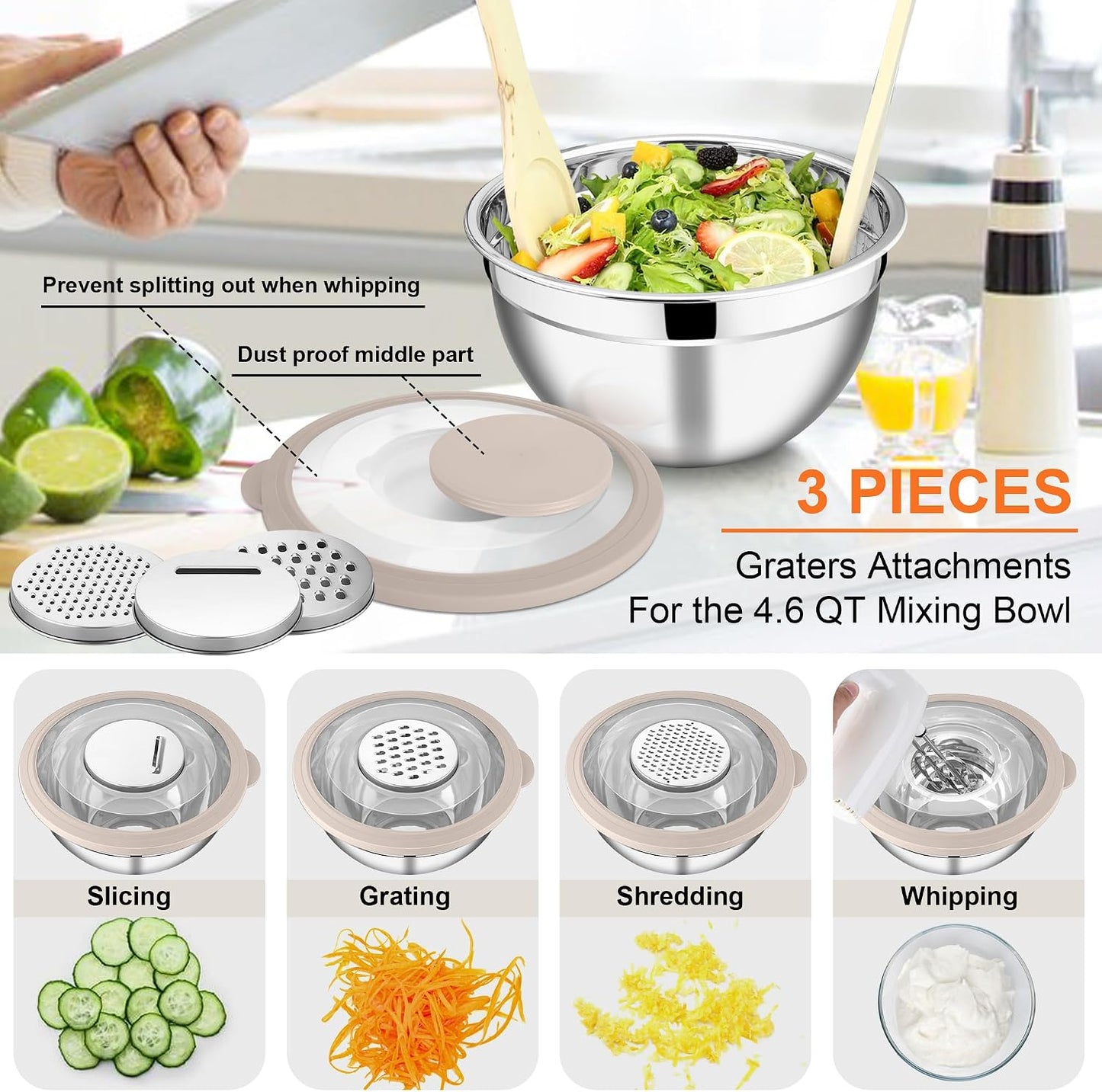 E-far Mixing Bowls Set of 5, Stainless Steel Salad Mixing Bowl with Transparent Lid, Metal Nesting Bowl Attach with 3 Graters for Kitchen Prepping/Serving/Baking/Storage, 4.6/2.6/1.5/1/0.7 QT - Black