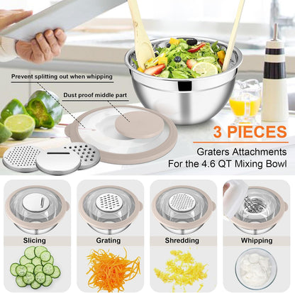 E-far Mixing Bowls Set of 5, Stainless Steel Salad Mixing Bowl with Transparent Lid, Metal Nesting Bowl Attach with 3 Graters for Kitchen Prepping/Serving/Baking/Storage, 4.6/2.6/1.5/1/0.7 QT - Black