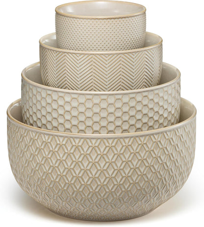KooK Ceramic Nesting Bowls, Embossed, Oven Safe, Set of 4, Ivory