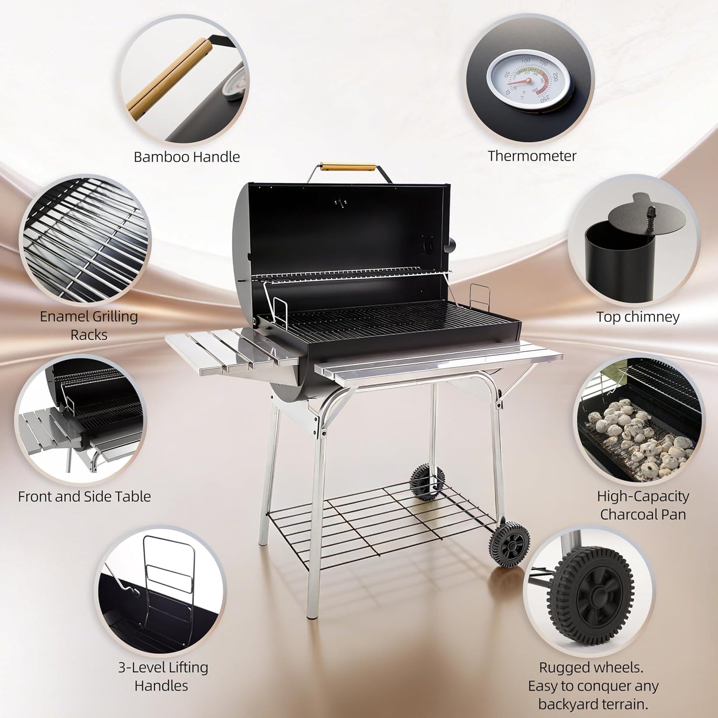 Barrel Charcoal Grill, Outdoor BBQ Smoker, 737 Sq. In. Cooking Area, Adjustable Charcoal Pan, Warming Rack, Front & Side Table, Storage Shelf, Enameled Steel Wire, Backyard, Patio (Large)