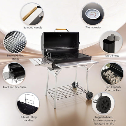 Barrel Charcoal Grill, Outdoor BBQ Smoker, 737 Sq. In. Cooking Area, Adjustable Charcoal Pan, Warming Rack, Front & Side Table, Storage Shelf, Enameled Steel Wire, Backyard, Patio (Large)