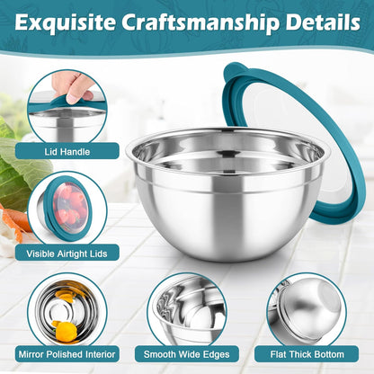 TeamFar Mixing Bowls, Stainless Steel Nesting Salad Bowls with Lids Set of 3 & 3 Grater Attachments, For Mixing/Serving/Storing, Non-toxic & Long-lasting, Size 4.6/3 / 1.5 QT, Black
