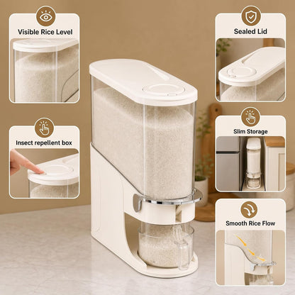 Rice Dispenser 11 Lb, Slim Rice Storage Container with Double Sealing Strip, Press to Dispense Cereal Container Airtight for Kitchen Pantry Organization, (Ivory White-11lb)