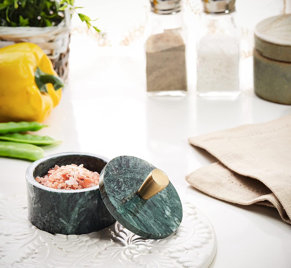 Queenza White Marble Salt Cellar with Lid and Brass Knob, 3 Inch Salt Box