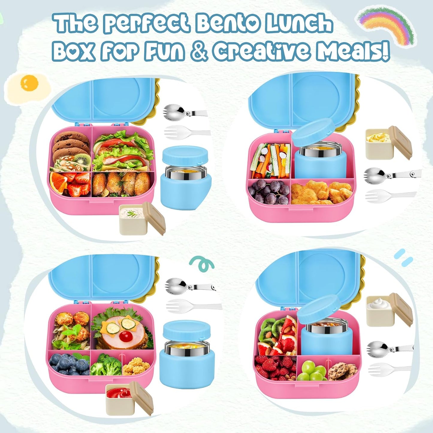 Aimsnk Magical Dinosaur Kids Lunch Box Set -12oz Insulated Food Jar, Leakproof Lunch Food Containers Cutlery, Leak-Proof Sauce Cup & Spoon, Gradient Green+Jar Green