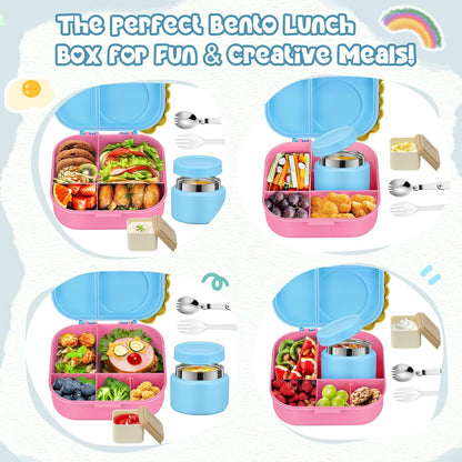 Aimsnk Magical Dinosaur Kids Lunch Box Set -12oz Insulated Food Jar, Leakproof Lunch Food Containers Cutlery, Leak-Proof Sauce Cup & Spoon, Gradient Green+Jar Green