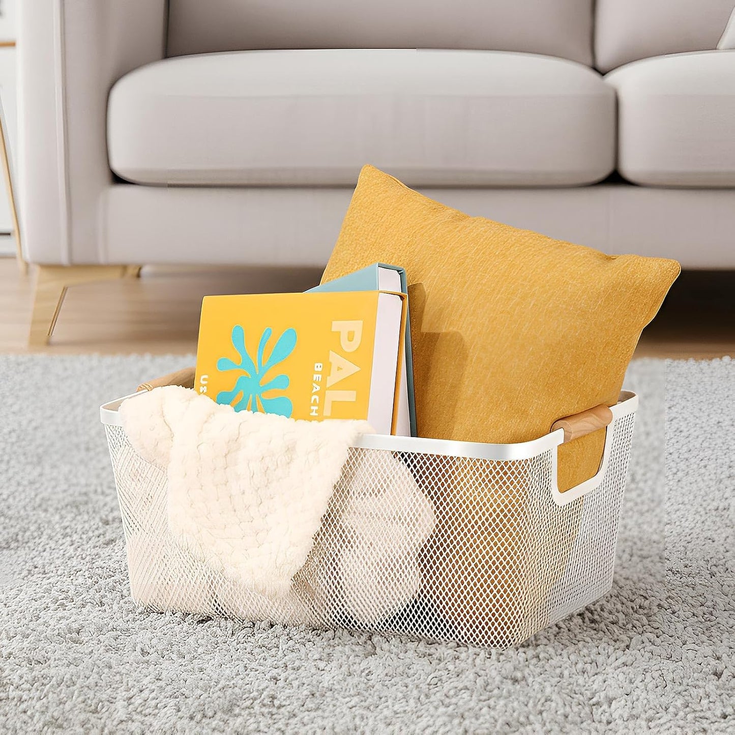 Ziliny 4 Pcs Metal Mesh Wire Baskets with Wooden Handles for Organizing, Pantry Organizers and Storage Steel Bin Kitchen Baskets for Fruit Potato Onion Snacks Bathroom Cabinet(Medium,Cream White)