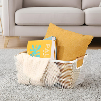 Ziliny 4 Pcs Metal Mesh Wire Baskets with Wooden Handles for Organizing, Pantry Organizers and Storage Steel Bin Kitchen Baskets for Fruit Potato Onion Snacks Bathroom Cabinet(Medium,Cream White)